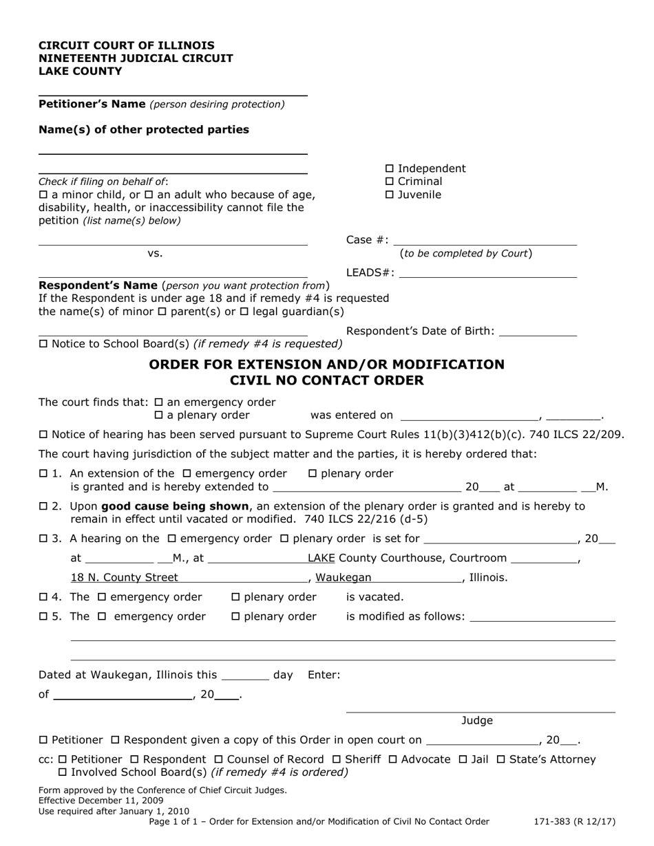 Form 171-383 Order for Extension and / or Modification Civil No Contact Order - Lake County, Illinois, Page 1