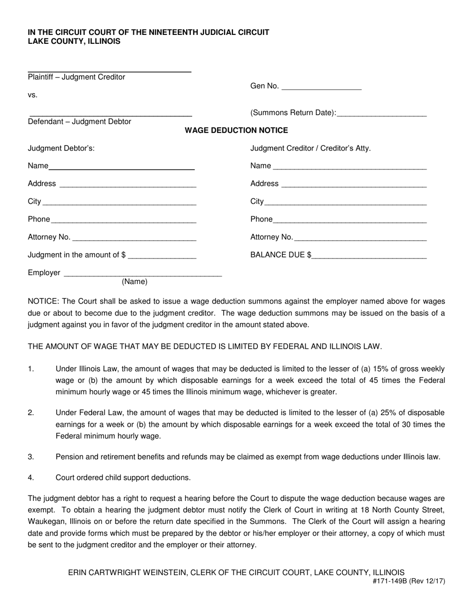 Form 171-149B Wage Deduction Notice - Lake County, Illinois, Page 1