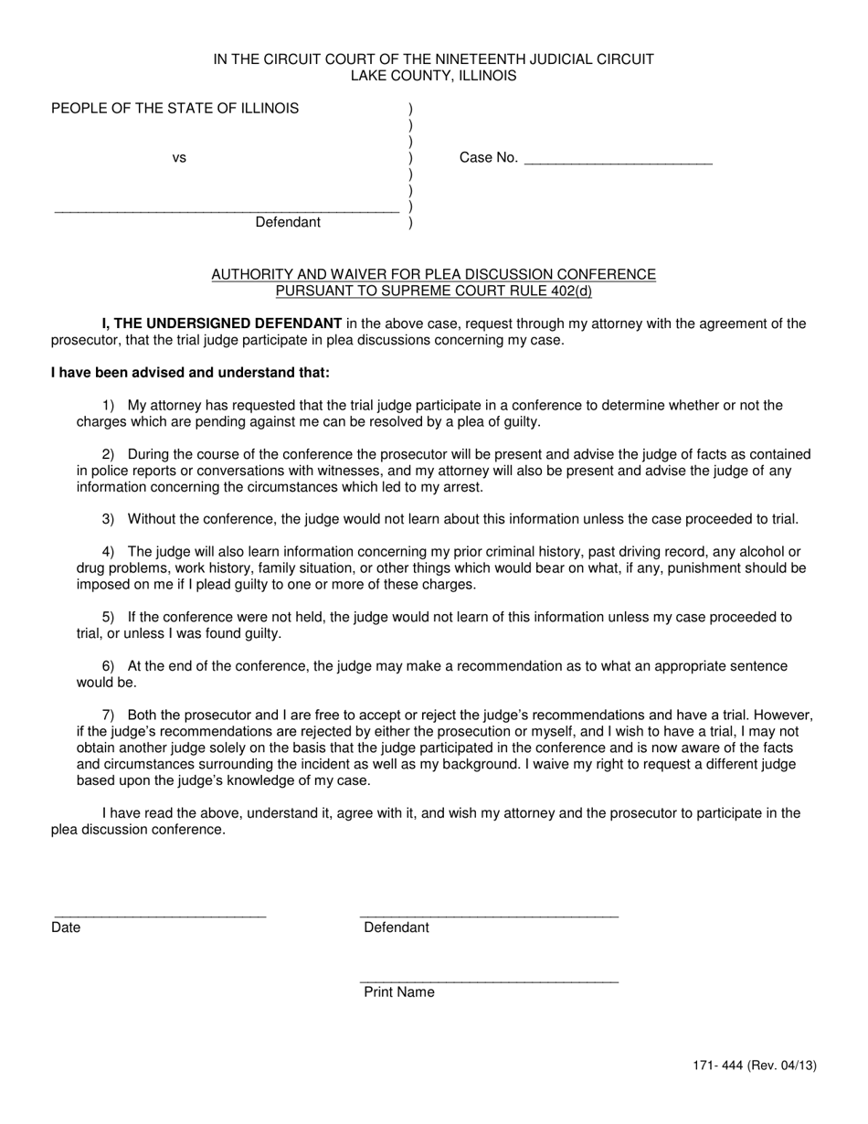 Form 171-444 Authority and Waiver for Plea Discussion Conference Pursuant to Supreme Court Rule 402(D) - Lake County, Illinois, Page 1