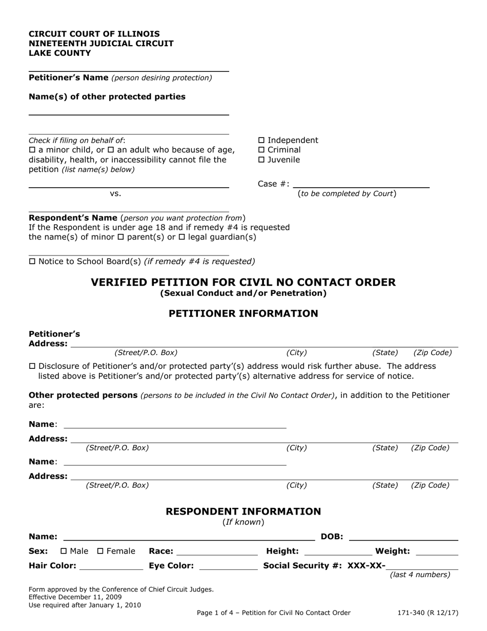 Form 171-340 Verified Petition for Civil No Contact Order (Sexual Conduct and / or Penetration) - Lake County, Illinois, Page 1