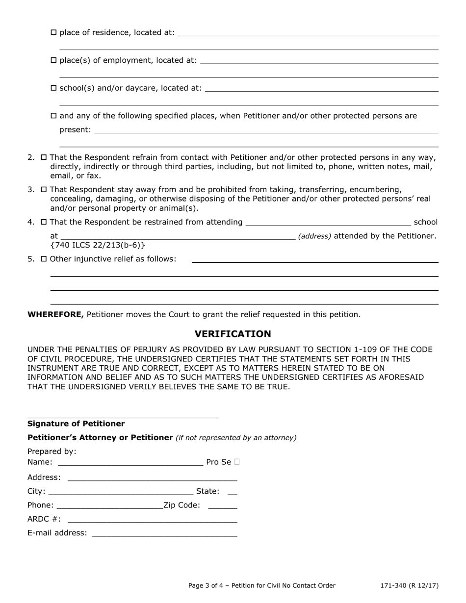 Form 171-340 Verified Petition for Civil No Contact Order (Sexual Conduct and / or Penetration) - Lake County, Illinois, Page 3