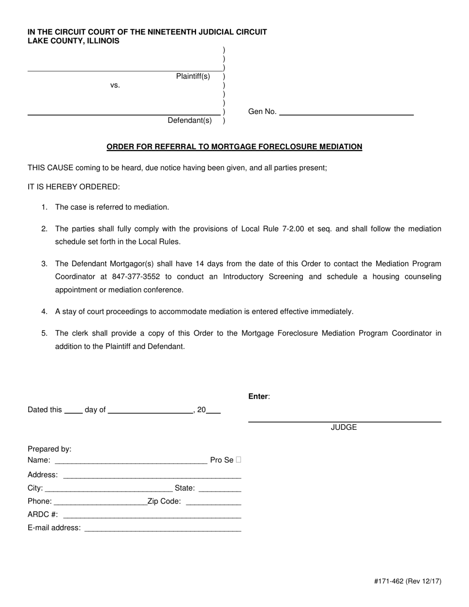 Form 171-462 Order for Referral to Mortgage Foreclosure Mediation - Lake County, Illinois, Page 1
