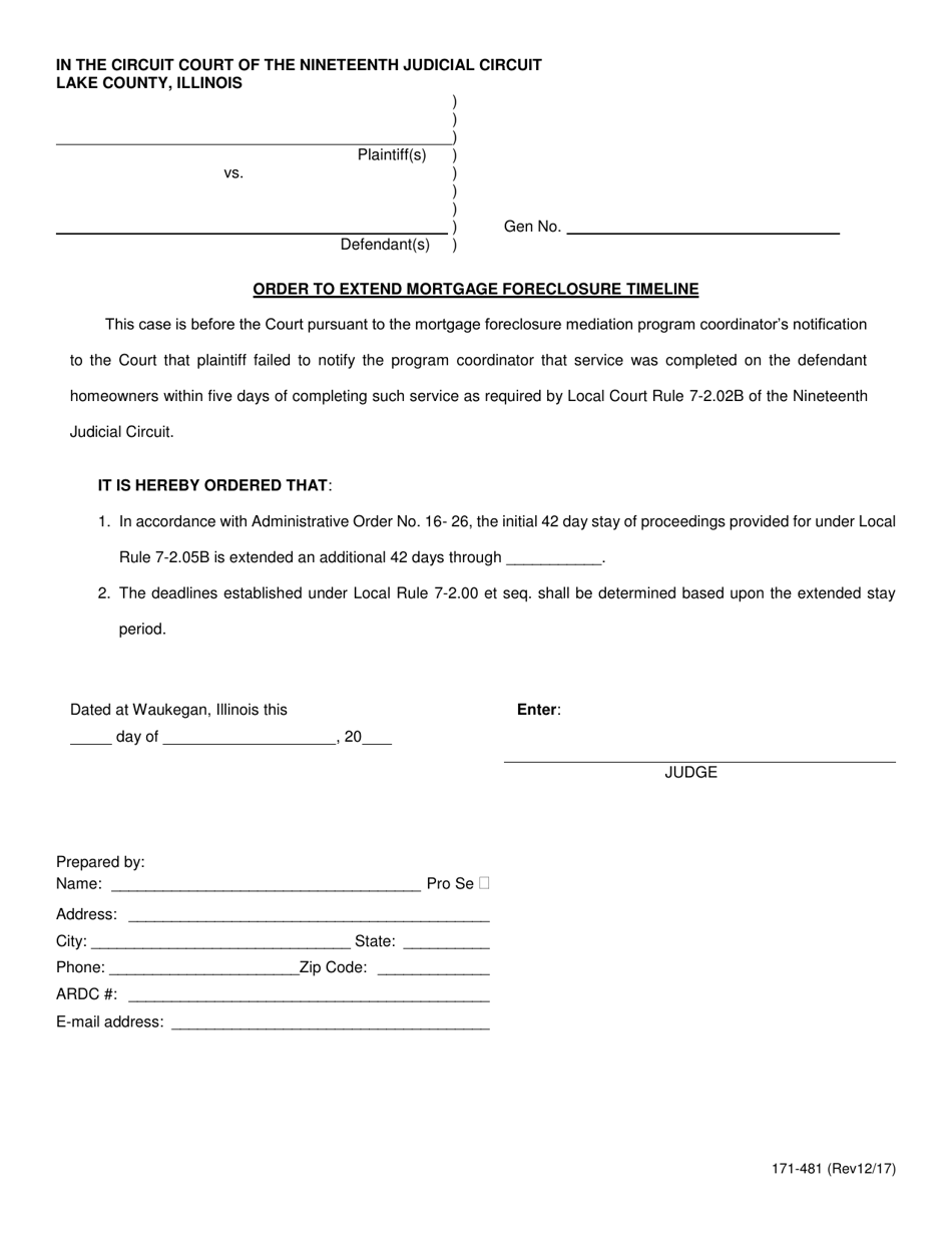 Form 171-481 Order to Extend Mortgage Foreclosure Timeline - Lake County, Illinois, Page 1