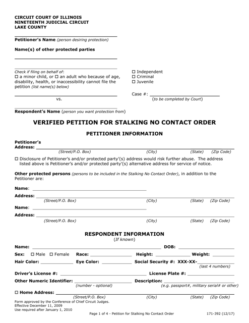 Form 171-392 Verified Petition for Stalking No Contact Order - Lake County, Illinois