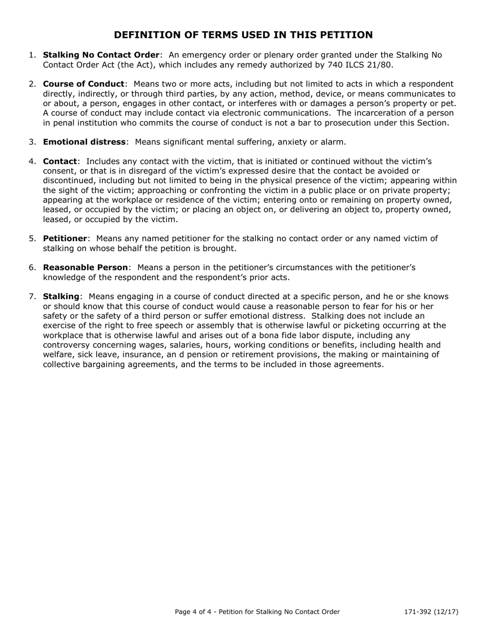 Form 171-392 Verified Petition for Stalking No Contact Order - Lake County, Illinois, Page 4