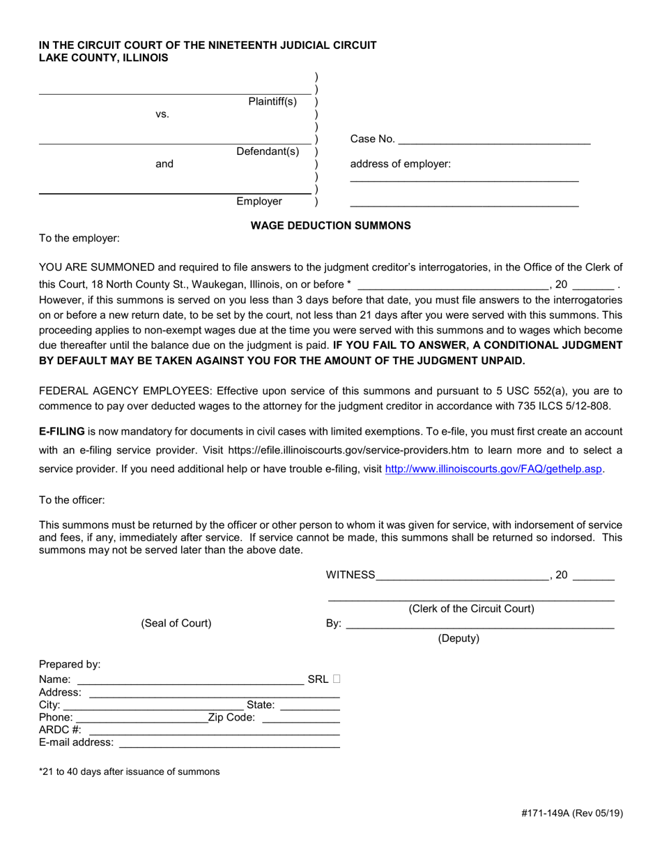 Form 171-149A Wage Deduction Summons - Lake County, Illinois, Page 1
