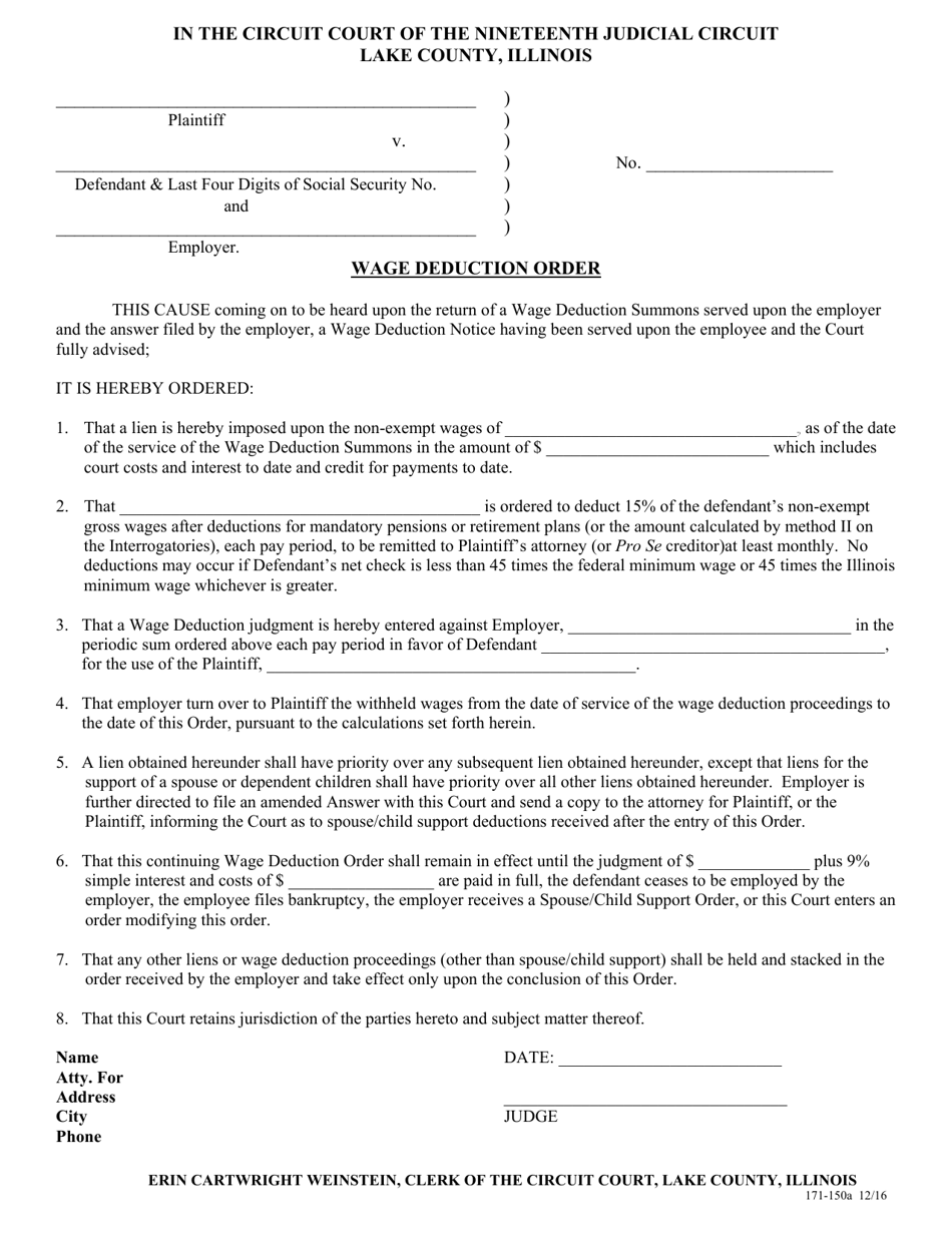 Form 171-150A Wage Deduction Order - Lake County, Illinois, Page 1