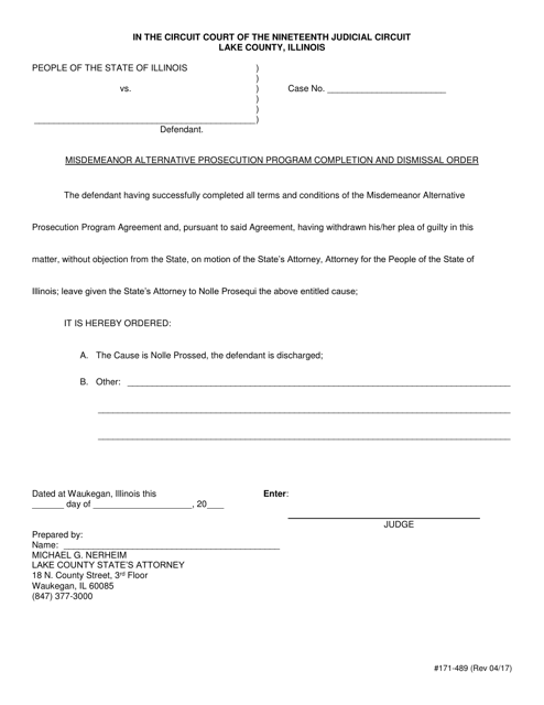 Form 171-489 Misdemeanor Alternative Prosecution Program Completion and Dismissal Order - Lake County, Illinois