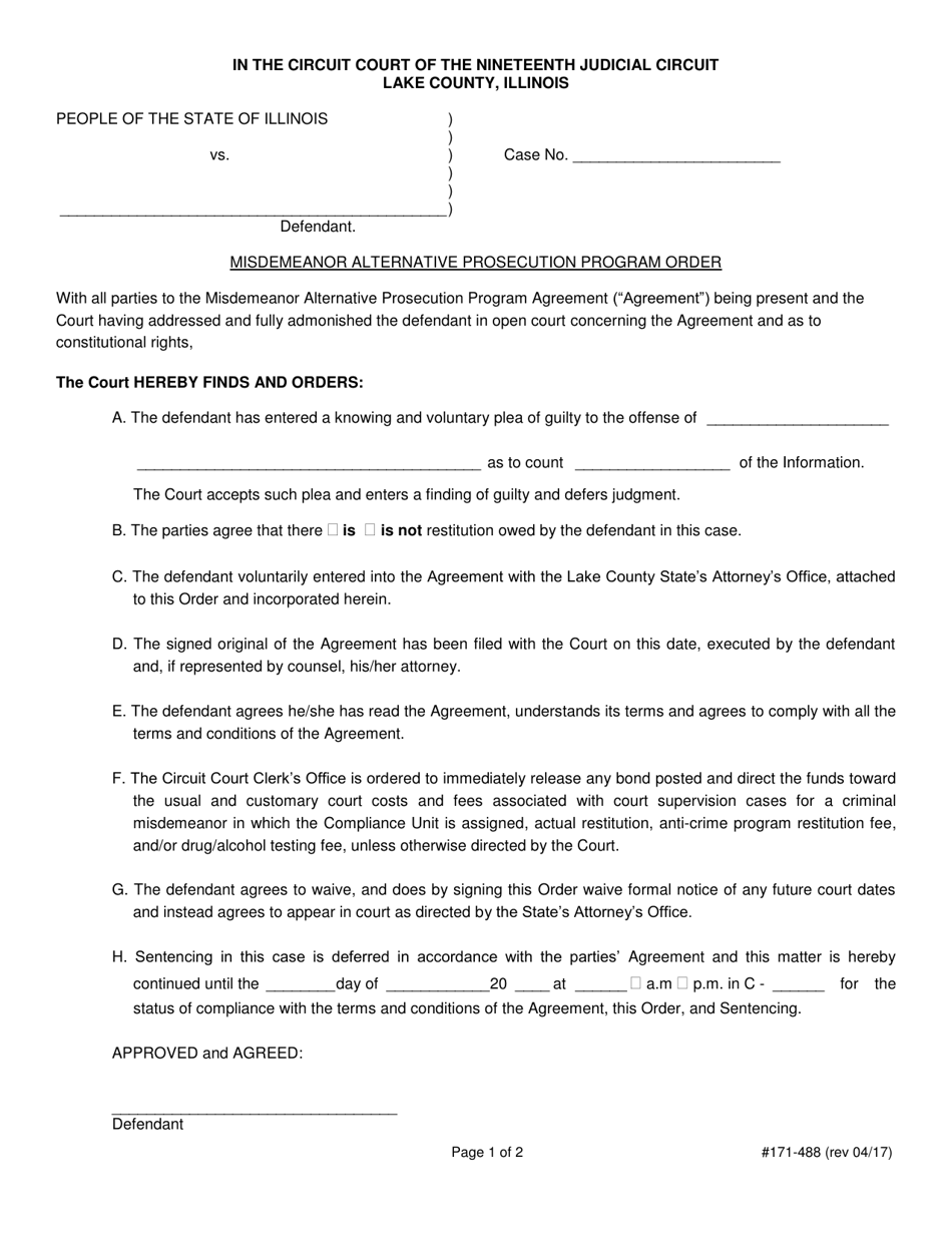 Form 171-488 Misdemeanor Alternative Prosecution Program Order - Lake County, Illinois, Page 1