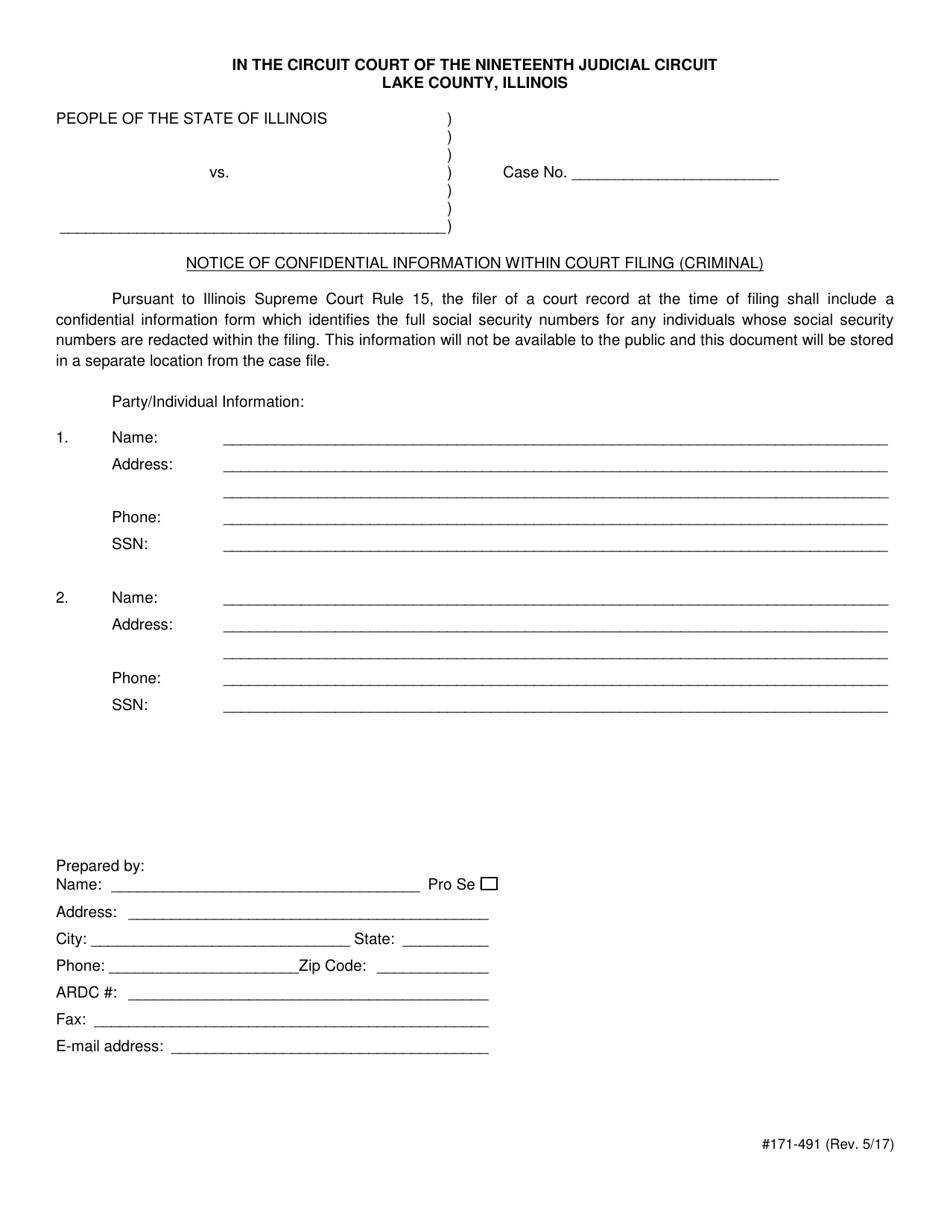Form 171-491 Notice of Confidential Information Within Court Filing (Criminal) - Lake County, Illinois, Page 1