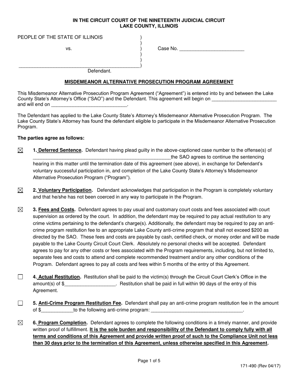 Form 171-490 Misdemeanor Alternative Prosecution Program Agreement - Lake County, Illinois, Page 1