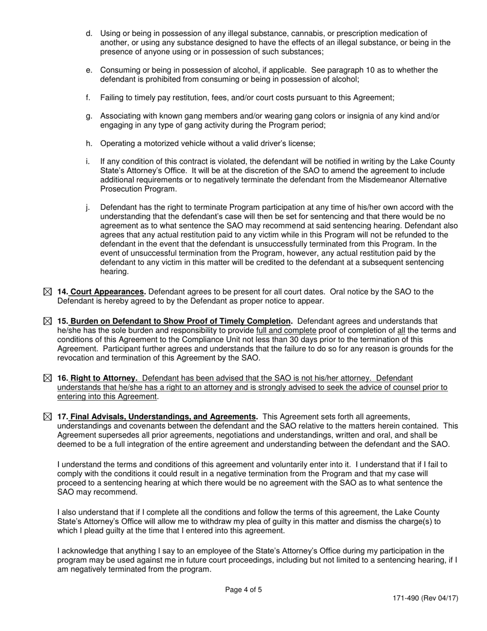 Form 171-490 Misdemeanor Alternative Prosecution Program Agreement - Lake County, Illinois, Page 4