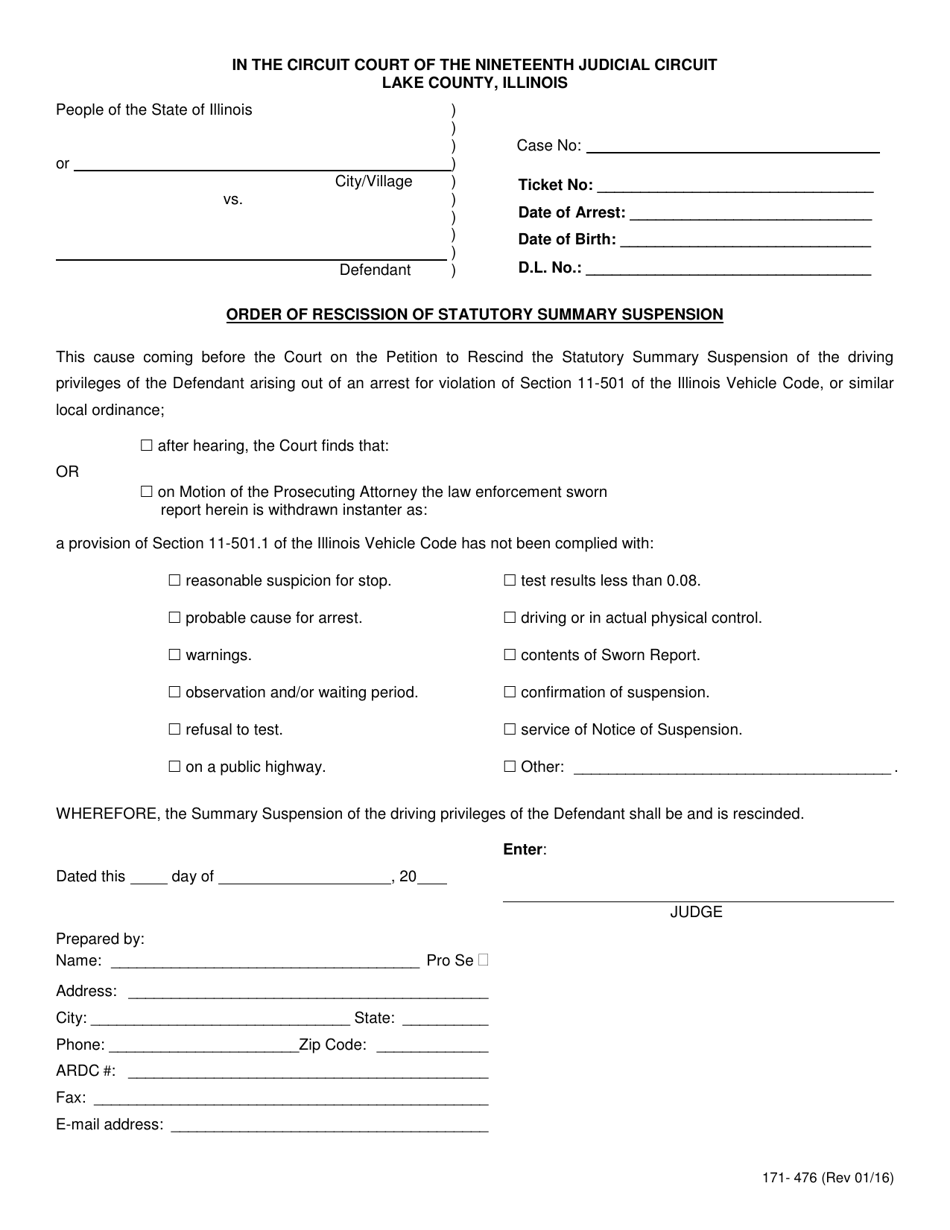 Form 171-476 Order of Rescission of Statutory Summary Suspension - Lake County, Illinois, Page 1