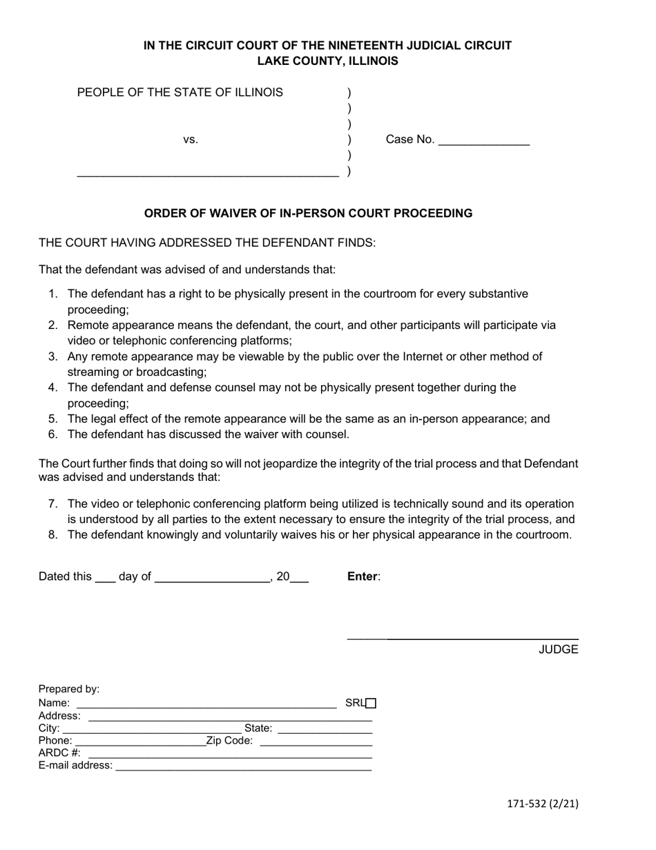 Form 171-532 Order of Waiver of in-Person Court Proceeding - Lake County, Illinois, Page 1