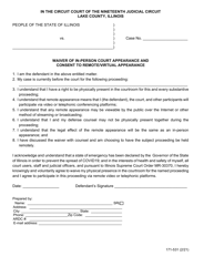 Document preview: Form 171-531 Waiver of in-Person Court Appearance and Consent to Remote/Virtual Appearance - Lake County, Illinois