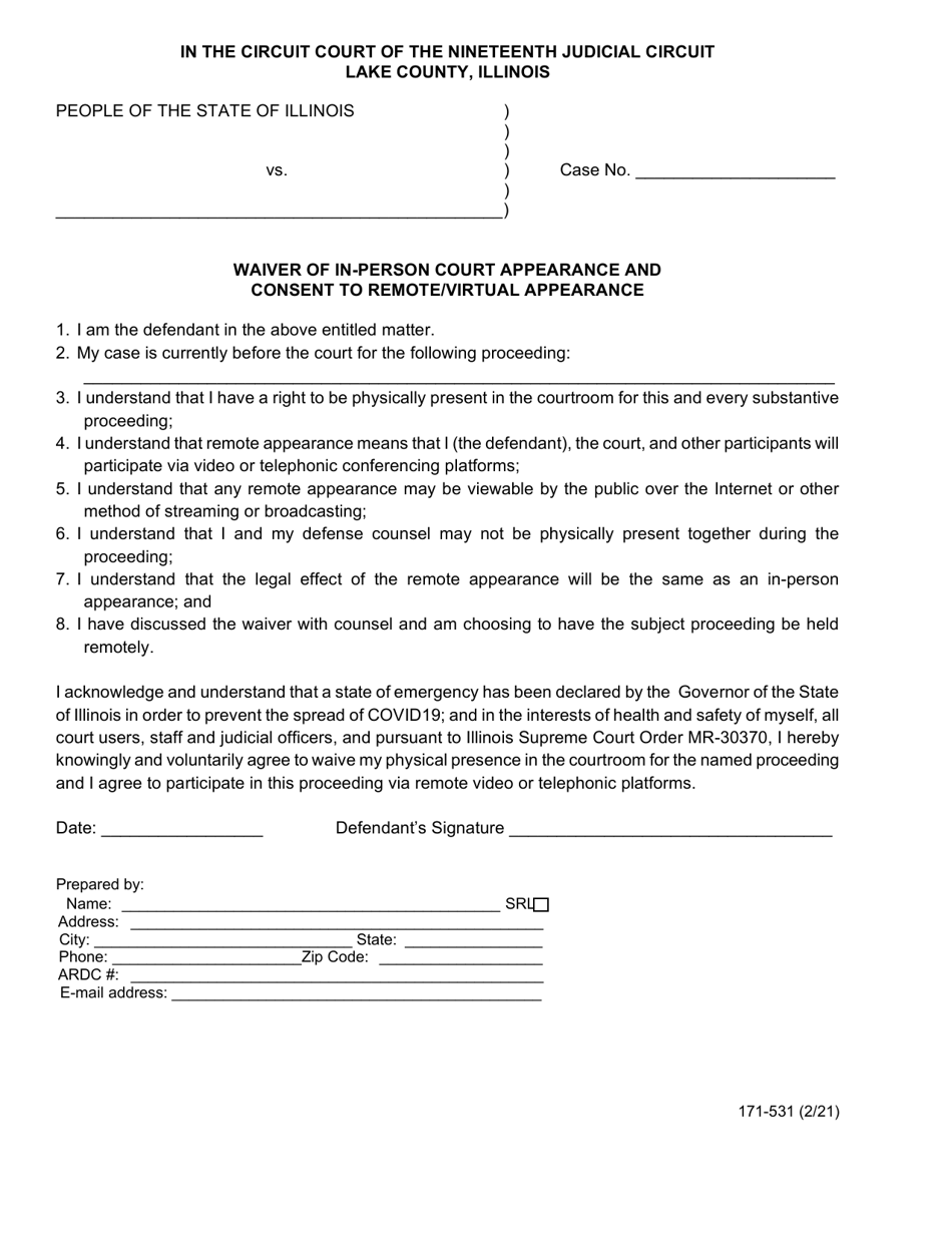 Form 171-531 Waiver of in-Person Court Appearance and Consent to Remote / Virtual Appearance - Lake County, Illinois, Page 1