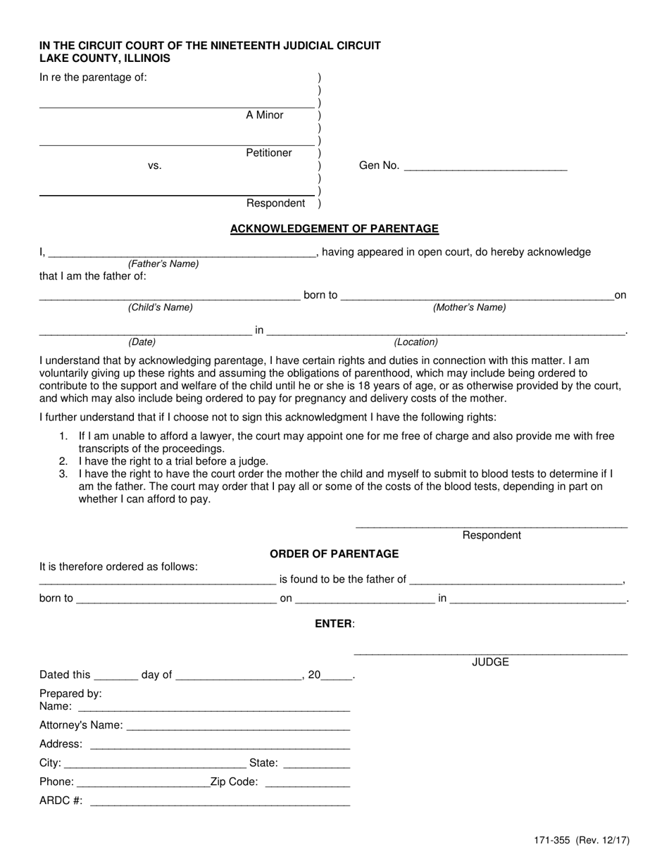 Form 171-355 Acknowledgement of Parentage - Lake County, Illinois, Page 1