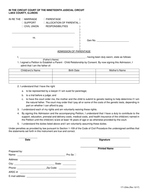 Form 171-234A Admission of Parentage - Lake County, Illinois