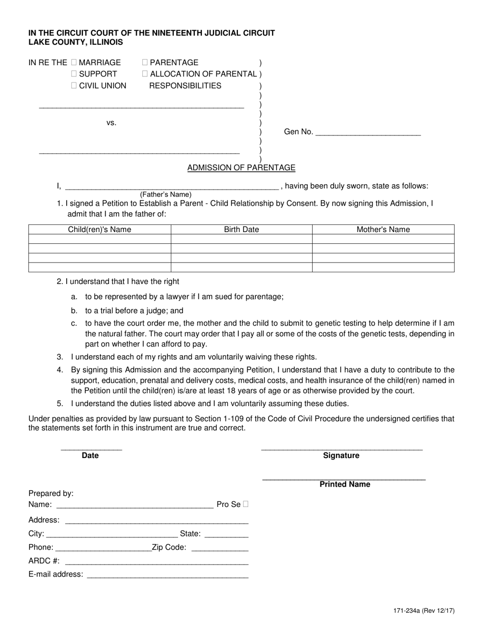 Form 171-234A Admission of Parentage - Lake County, Illinois, Page 1