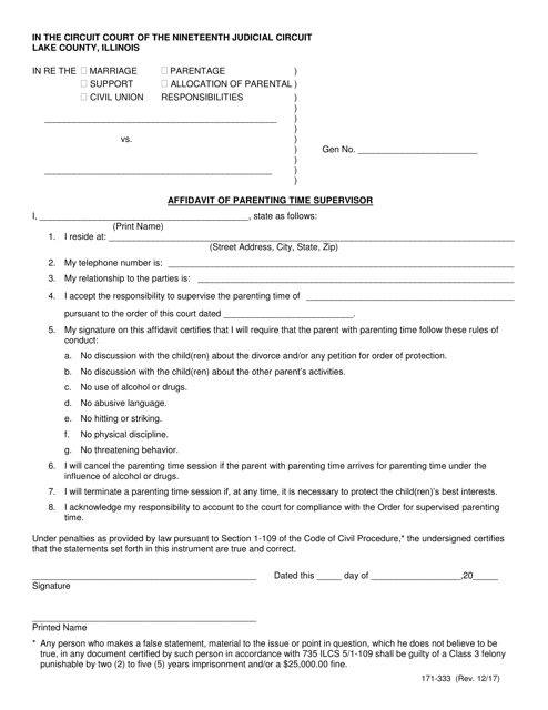 Form 171-333 Affidavit of Parenting Time Supervisor - Lake County, Illinois