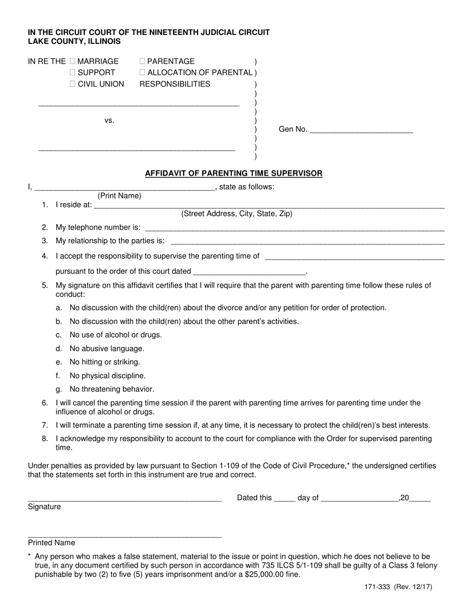 Form 171-333 Affidavit of Parenting Time Supervisor - Lake County, Illinois, Page 1