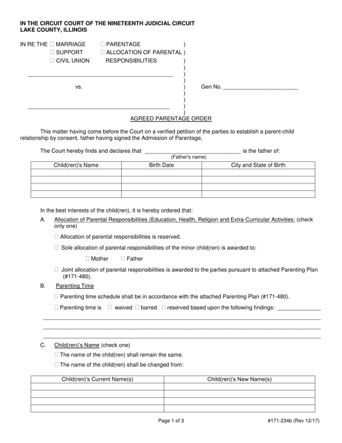Form 171-234B Agreed Parentage Order - Lake County, Illinois