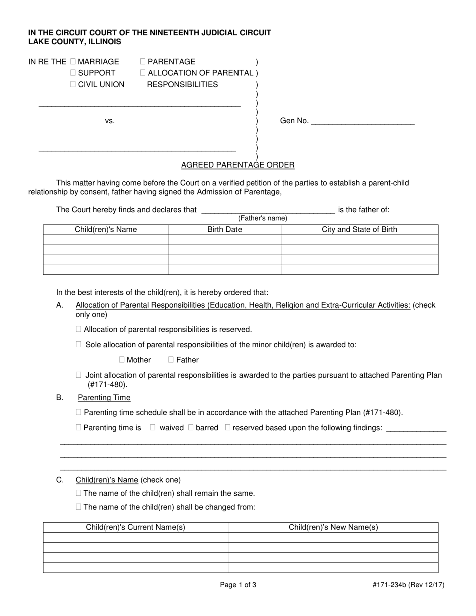 Form 171-234B Agreed Parentage Order - Lake County, Illinois, Page 1