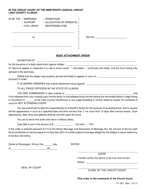 Form 171-357 Body Attachment Order - Lake County, Illinois