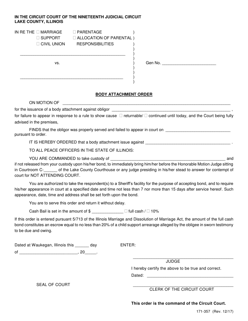Form 171-357 Body Attachment Order - Lake County, Illinois, Page 1