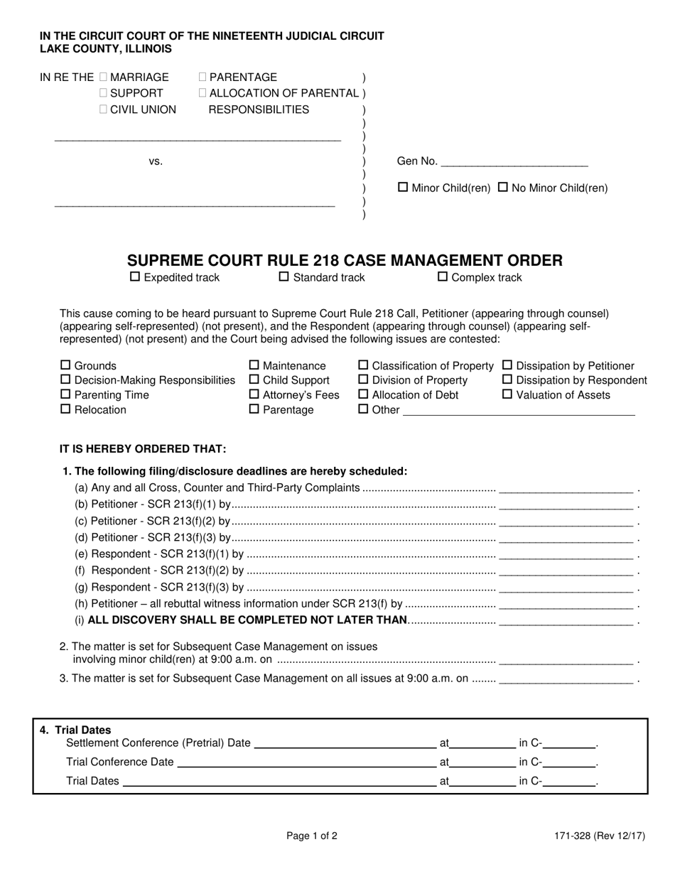 Form 171-328 Supreme Court Rule 218 Case Management Order - Lake County, Illinois, Page 1