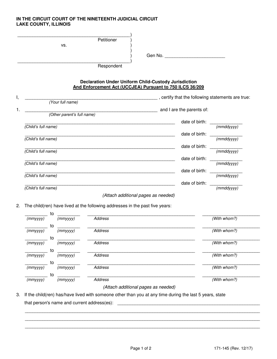Form 171-145 Declaration Under Uniform Child-Custody Jurisdiction and Enforcement Act (Uccjea) Pursuant to 750 Ilcs 36 / 209 - Lake County, Illinois, Page 1
