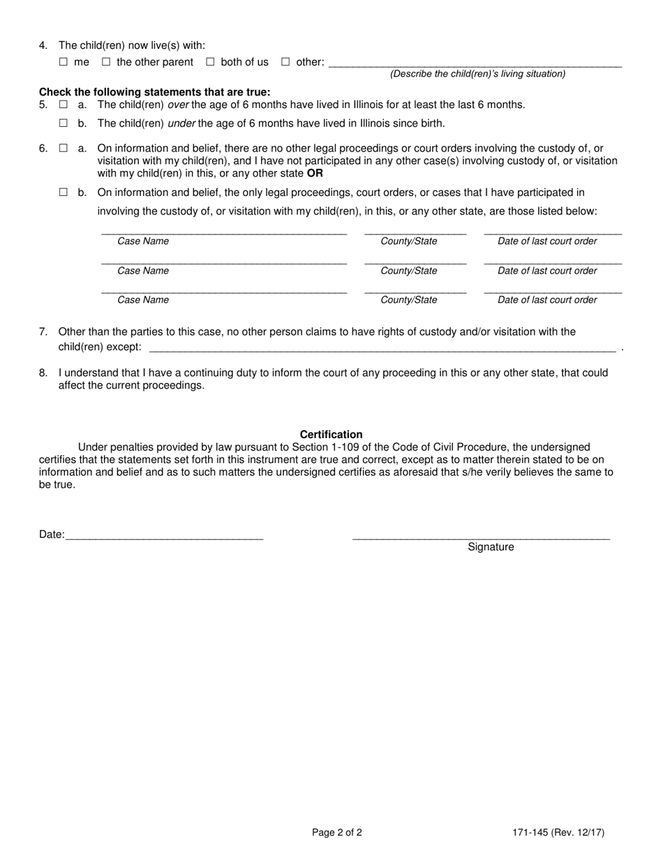 Form 171-145 Declaration Under Uniform Child-Custody Jurisdiction and Enforcement Act (Uccjea) Pursuant to 750 Ilcs 36 / 209 - Lake County, Illinois, Page 2