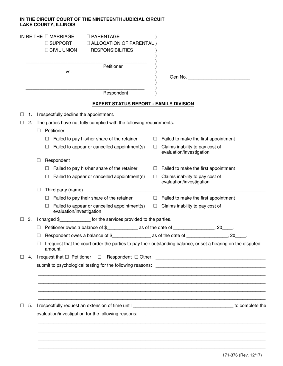 Form 171-376 Expert Status Report - Family Division - Lake County, Illinois, Page 1