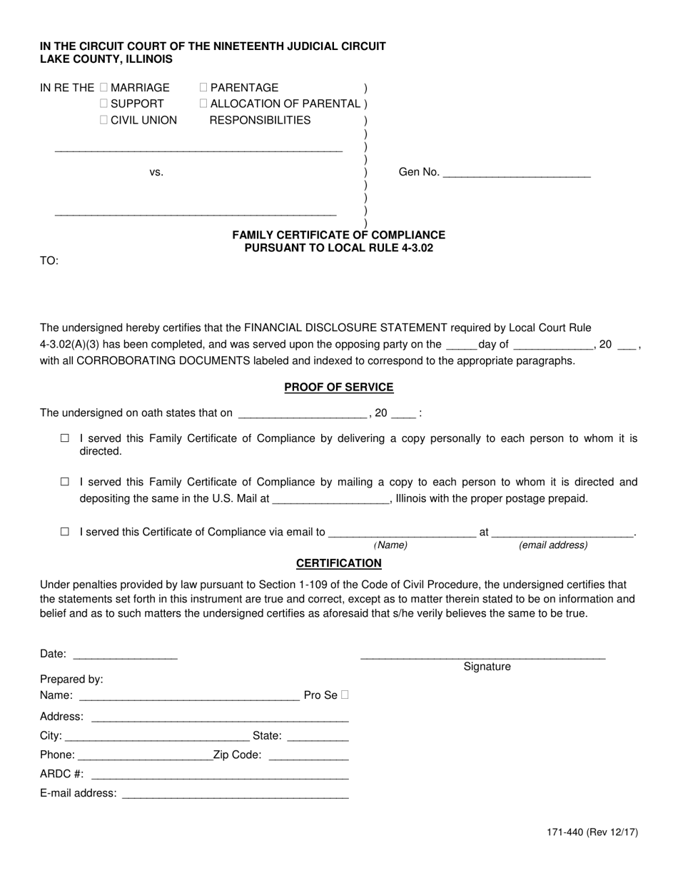 Form 171-440 Family Certificate of Compliance Pursuant to Local Rule 4-3.02 - Lake County, Illinois, Page 1