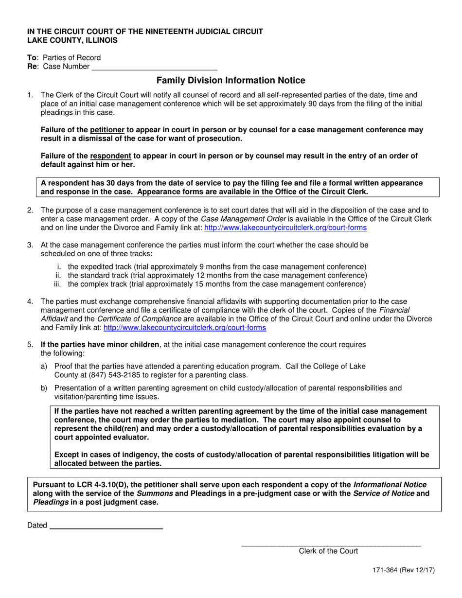 Form 171-364 Family Division Information Notice - Lake County, Illinois, Page 1