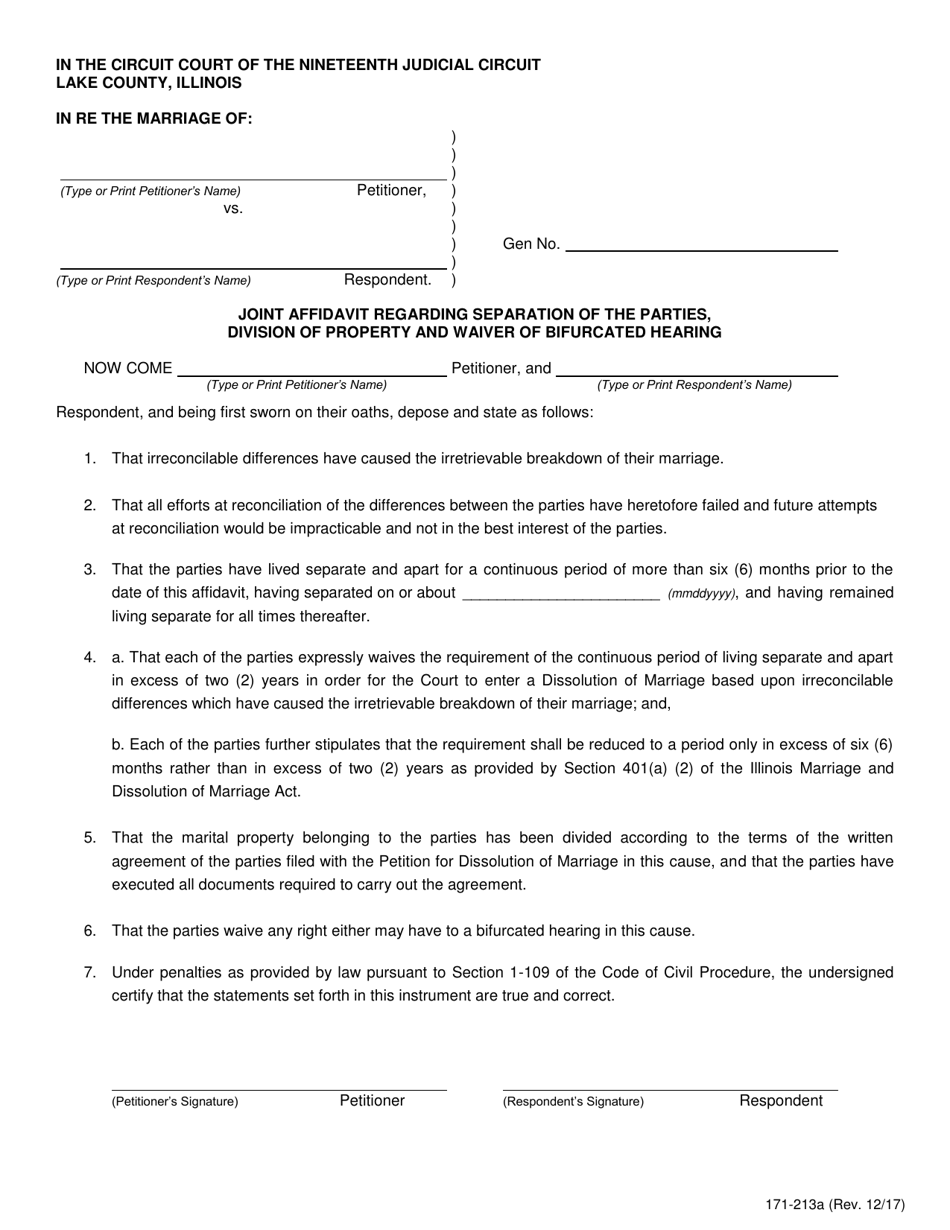 Form 171-213A Joint Affidavit Regarding Separation of the Parties, Division of Property and Waiver of Bifurcated Hearing - Lake County, Illinois, Page 1