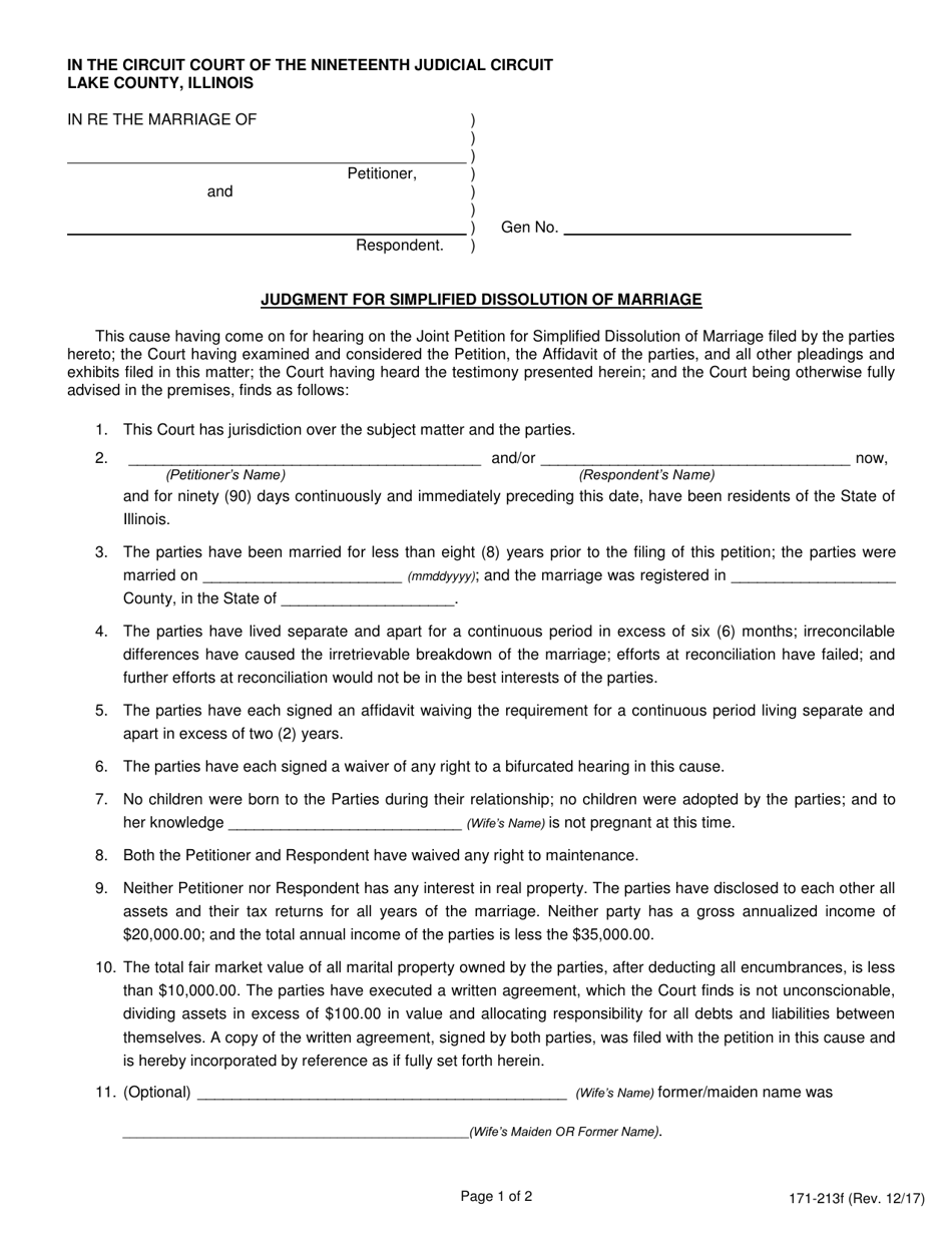 Form 171-213F (171-213G) Judgment for Simplified Dissolution of Marriage - Lake County, Illinois, Page 1