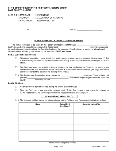 Form 171-409 In Rem Judgment of Dissolution of Marriage - Lake County, Illinois