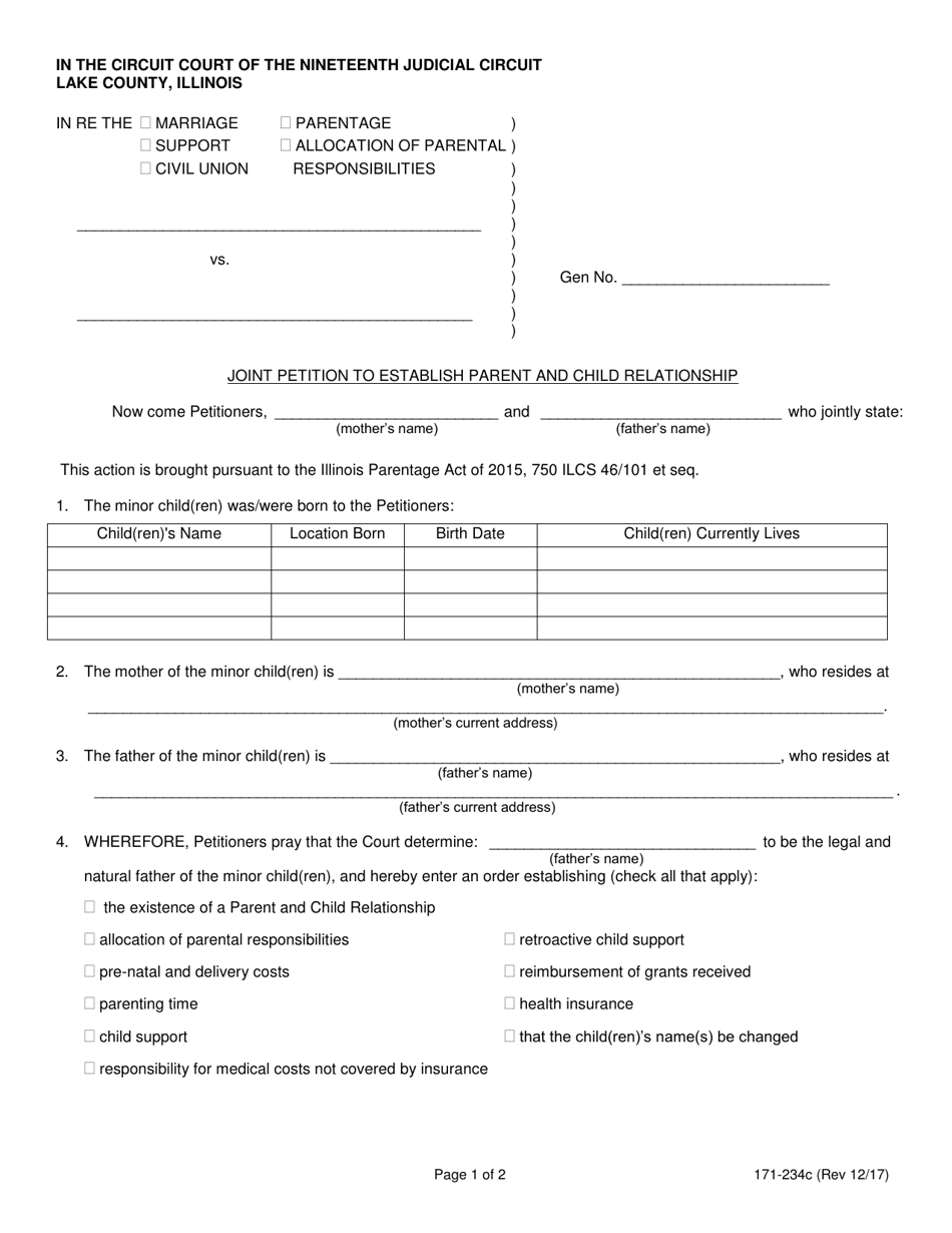 Form 171-234C Joint Petition to Establish Parent and Child Relationship - Lake County, Illinois, Page 1