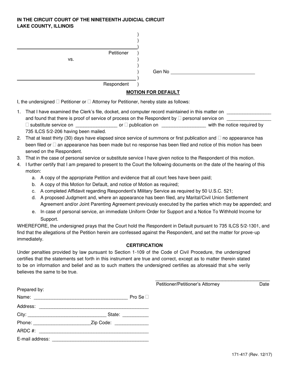 Form 171-417 Motion for Default - Lake County, Illinois, Page 1