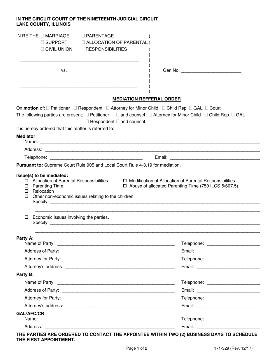 Form 171-329 Mediation Refferal Order - Lake County, Illinois, Page 1