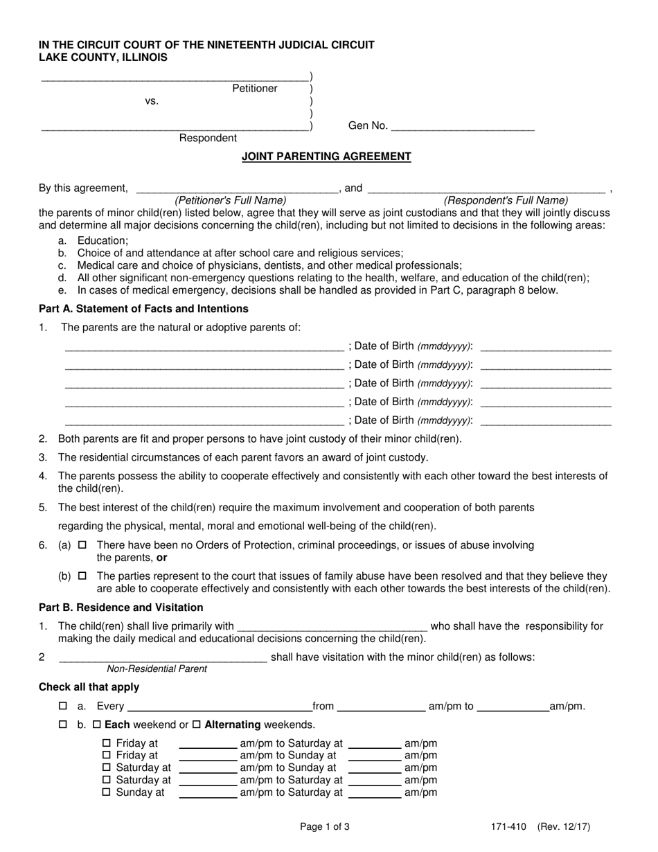 Form 171-410 Joint Parenting Agreement - Lake County, Illinois, Page 1
