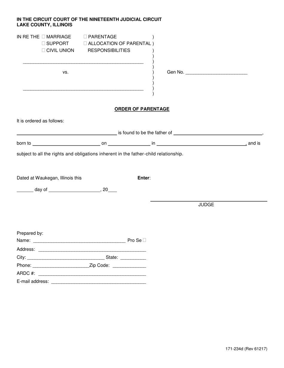 Form 171-234D Order of Parentage - Lake County, Illinois, Page 1