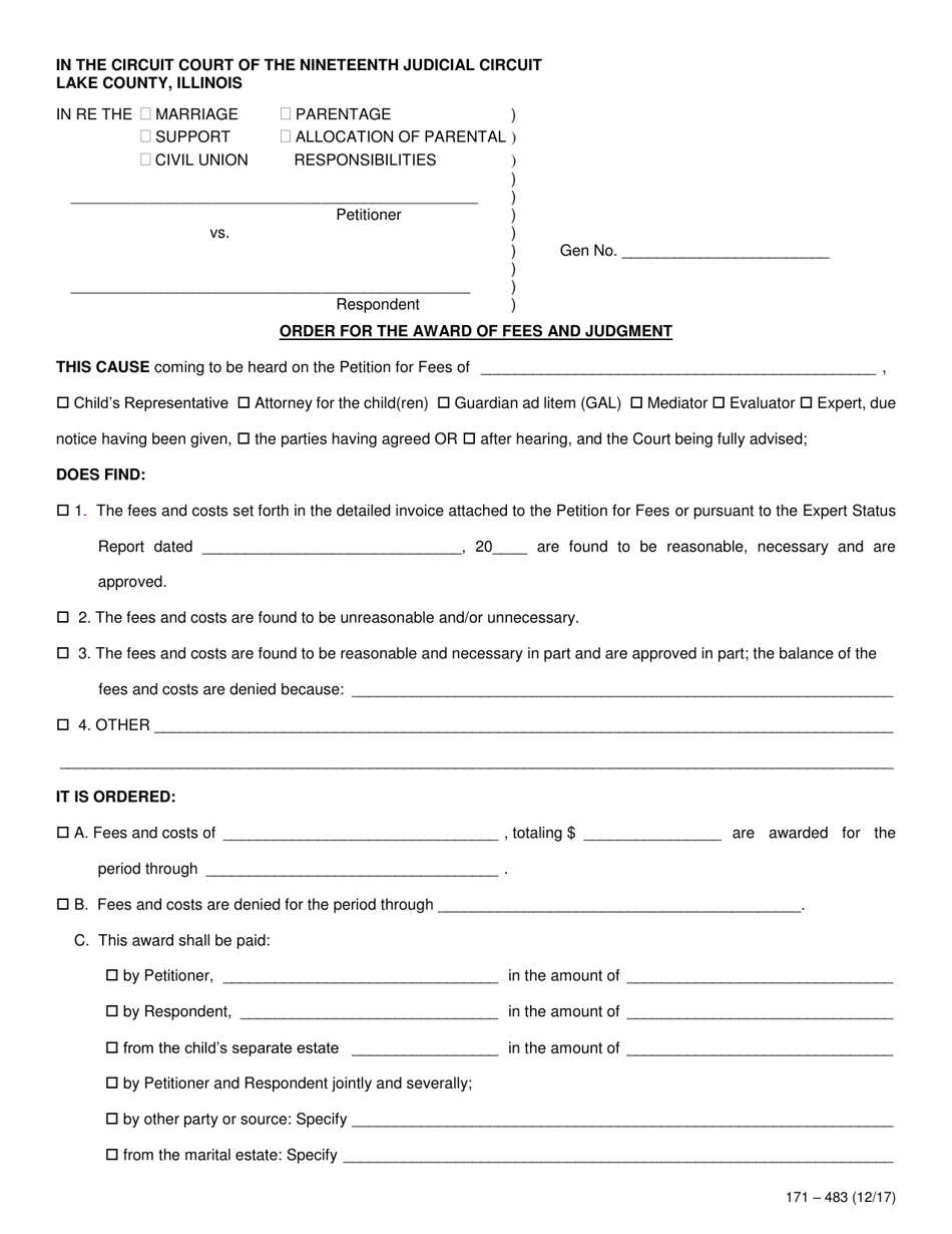 Form 171-483 Order for the Award of Fees and Judgment - Lake County, Illinois, Page 1