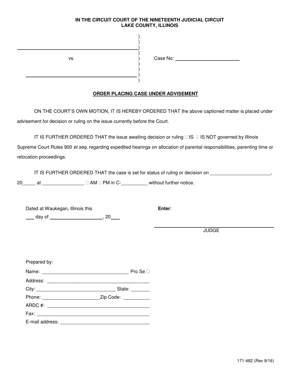 Form 171-482 Order Placing Case Under Advisement - Lake County, Illinois, Page 1