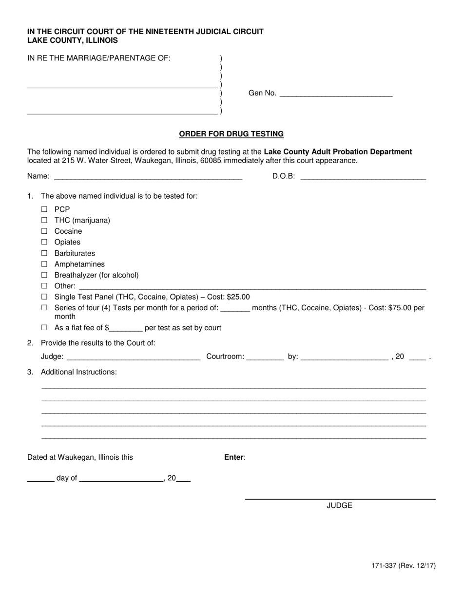 Form 171-337 Order for Drug Testing - Lake County, Illinois, Page 1