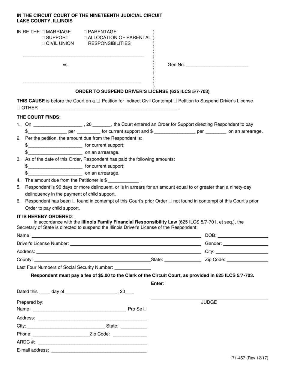 Form 171-457 Order to Suspend Drivers License - Lake County, Illinois, Page 1