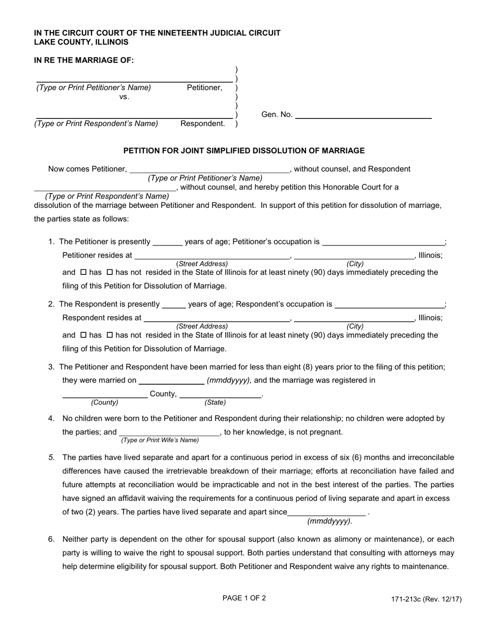 Form 171-213C (171-213D) Petition for Joint Simplified Dissolution of Marriage - Lake County, Illinois, Page 1