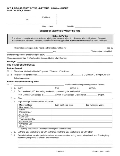 Form 171-412 Order for Visitation/Parenting Time - Lake County, Illinois