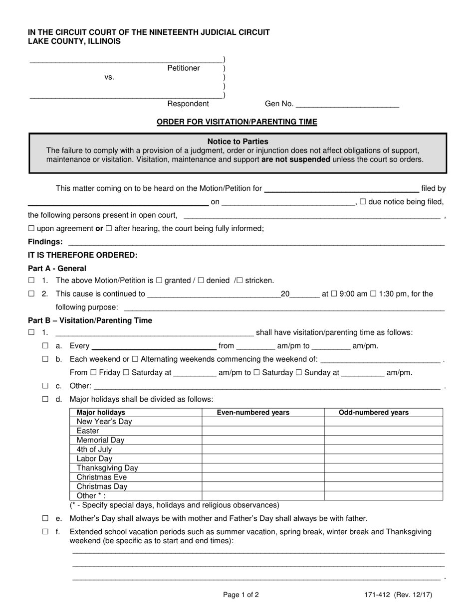 Form 171-412 Order for Visitation / Parenting Time - Lake County, Illinois, Page 1